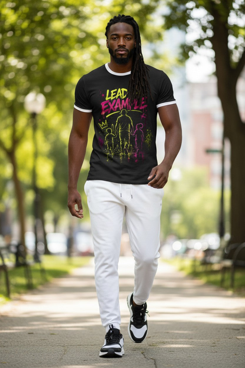 Man walking outdoors wearing a black t-shirt with colorful graphics and text.