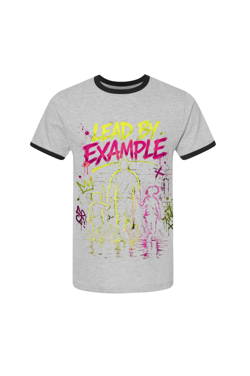 Gray t-shirt with colorful graphic design and 'Lead by Example' text on a white background