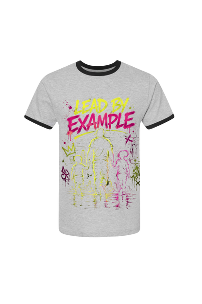 Gray t-shirt with colorful graphic design and 'Lead by Example' text on a white background