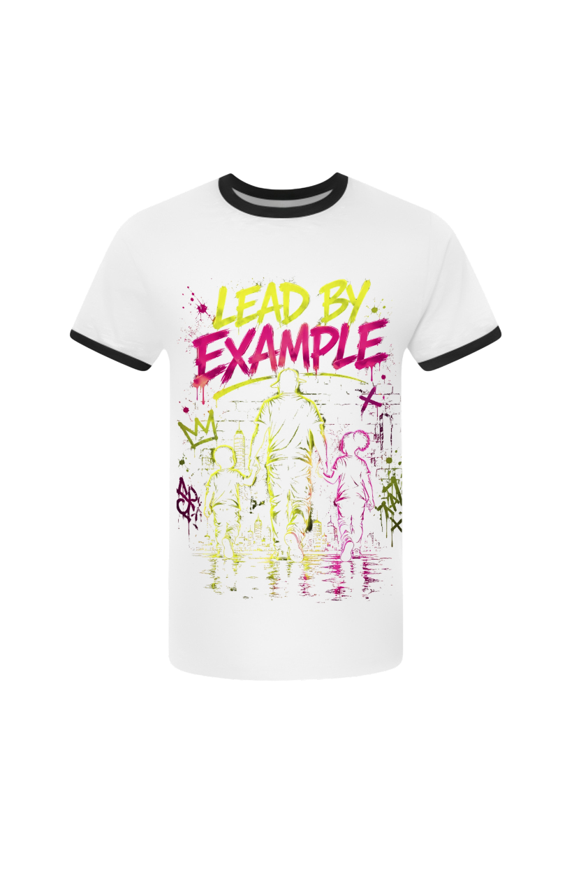 White t-shirt with colorful graphic design and text on a white background