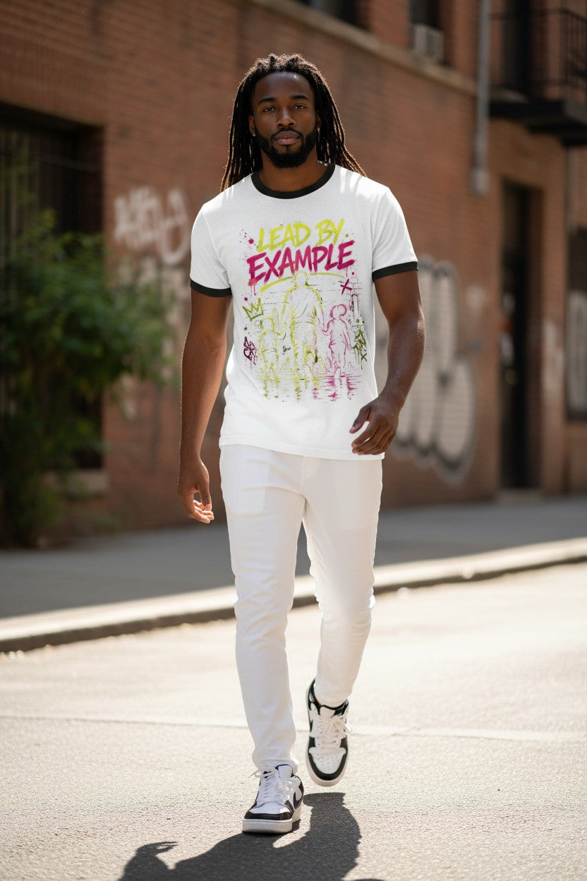 Man walking on a street wearing a white t-shirt with colorful graphics and text.