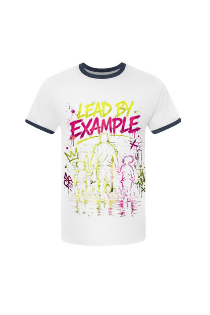 White t-shirt with colorful graphic design and 'Lead by Example' text on a white background