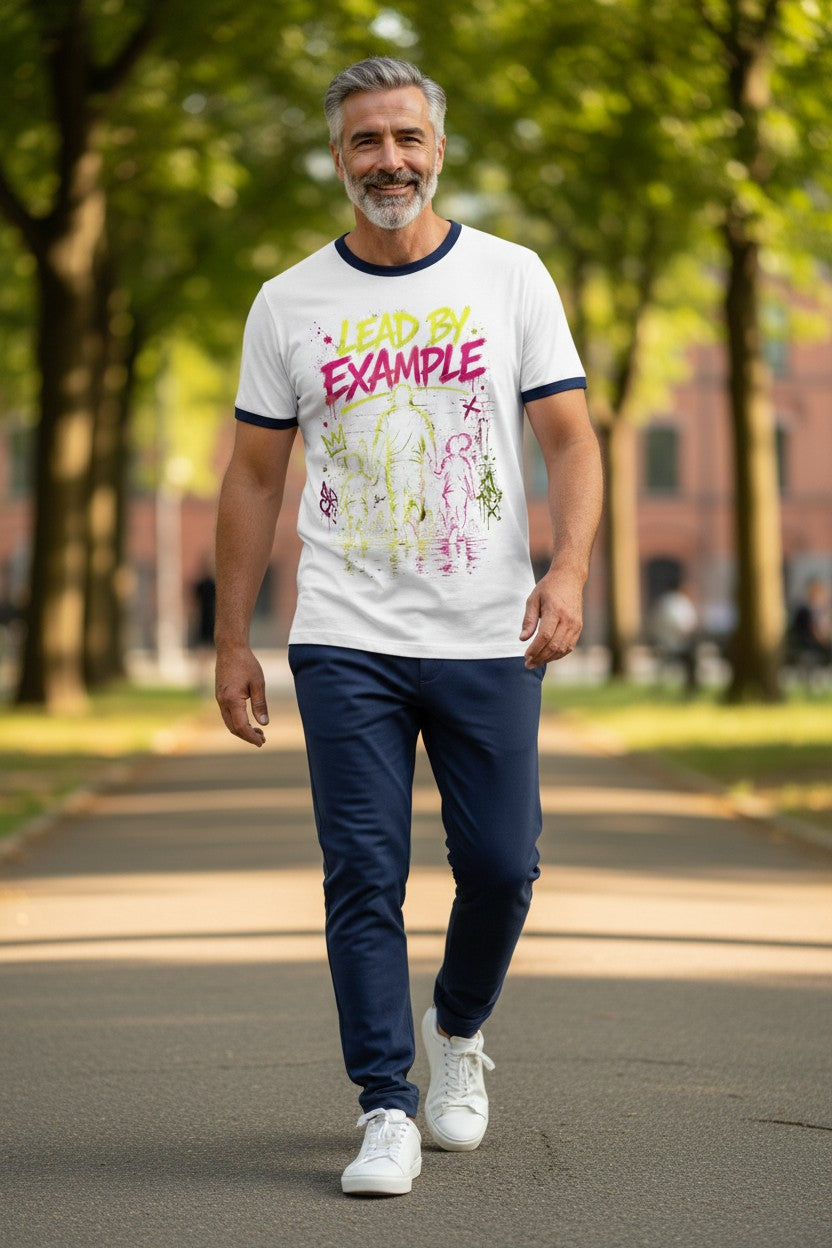 Man walking outdoors wearing a white t-shirt with colorful text and graphics.