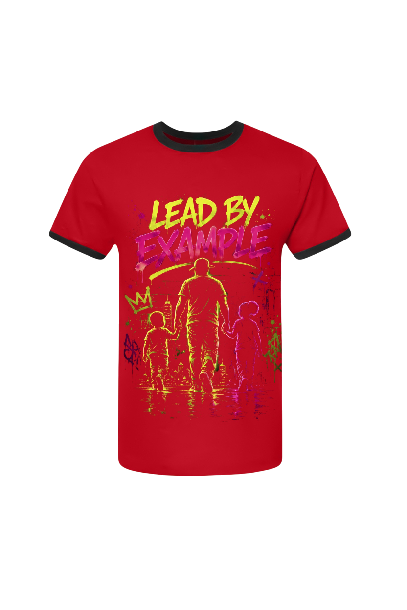 Red t-shirt with graphic design and text 'Lead by Example' on a white background