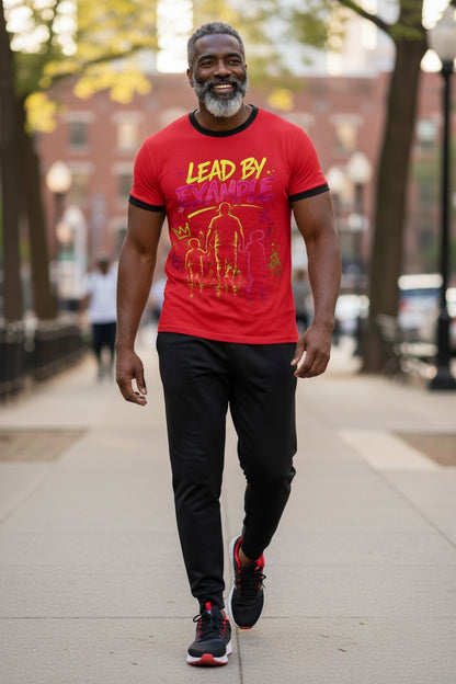 Man walking outdoors wearing a red t-shirt with graphic design and text.