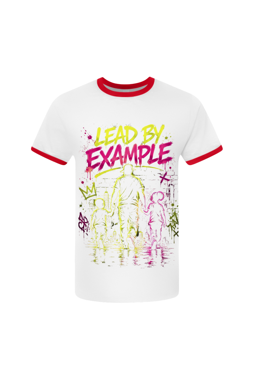 White t-shirt with red trim featuring colorful graphic design and text on a white background