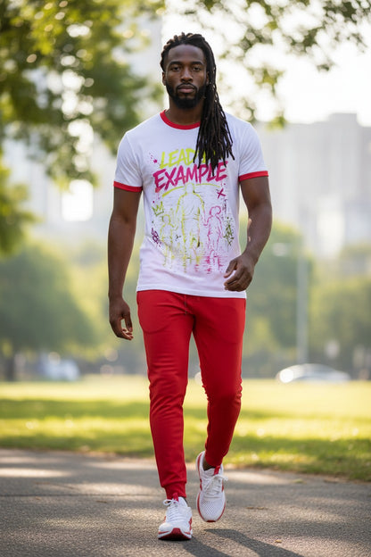 Man walking outdoors wearing a white t-shirt with red accents and red pants.