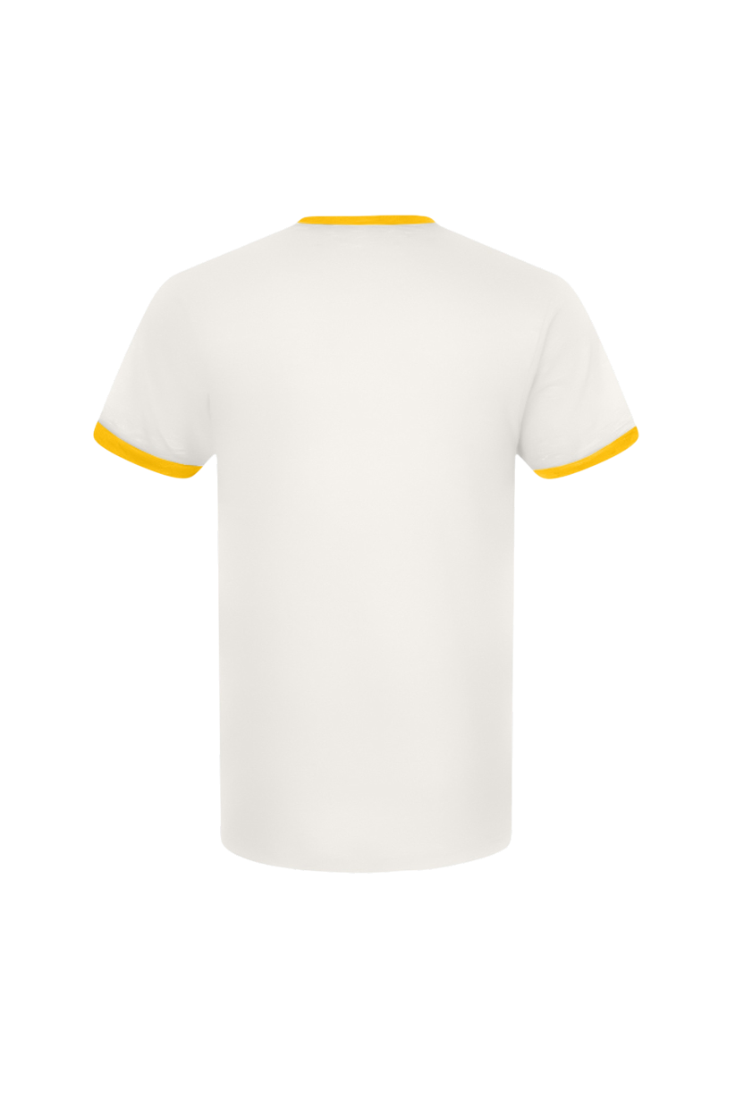 White t-shirt with yellow trim on a white background