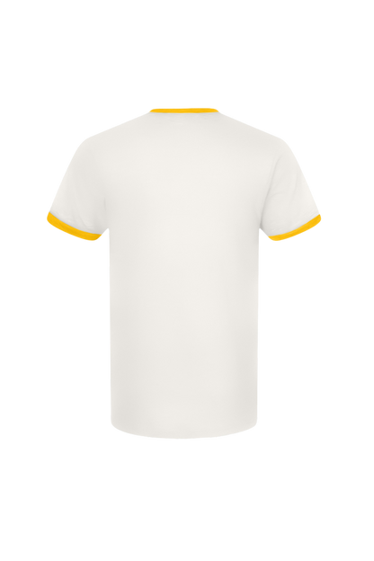 White t-shirt with yellow trim on a white background