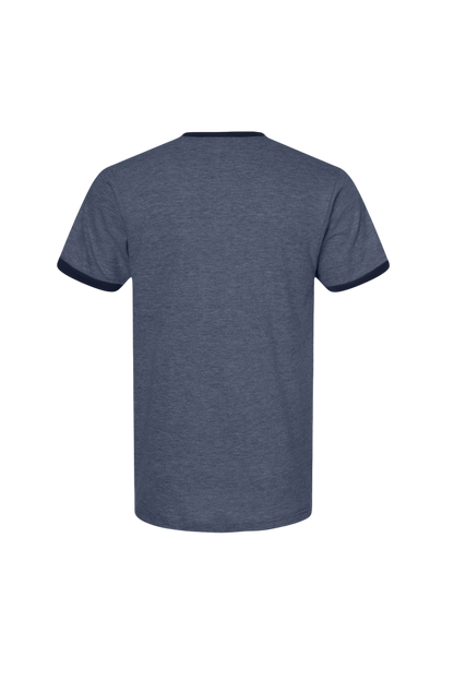Blue t-shirt with dark trim on a white background