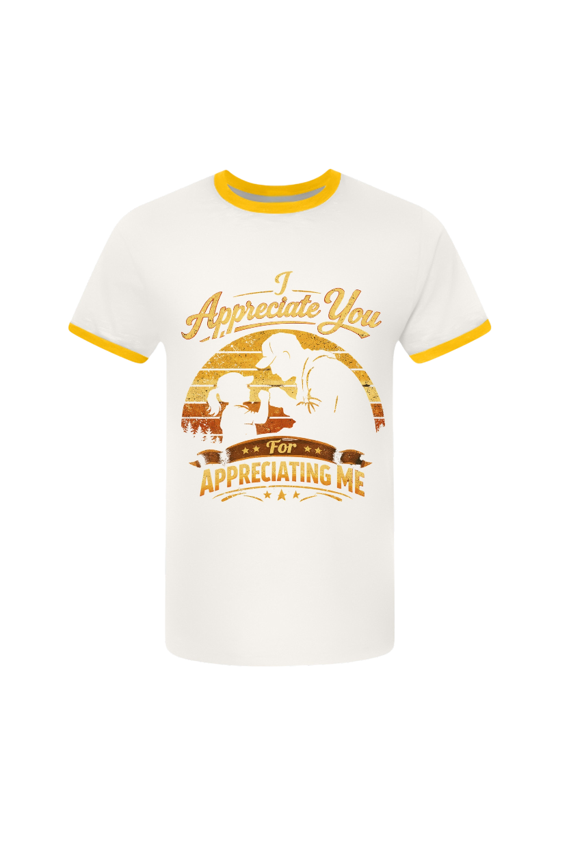 White t-shirt with yellow trim featuring a graphic and text on a white background