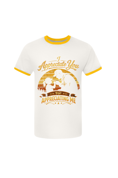 White t-shirt with yellow trim featuring a graphic and text on a white background