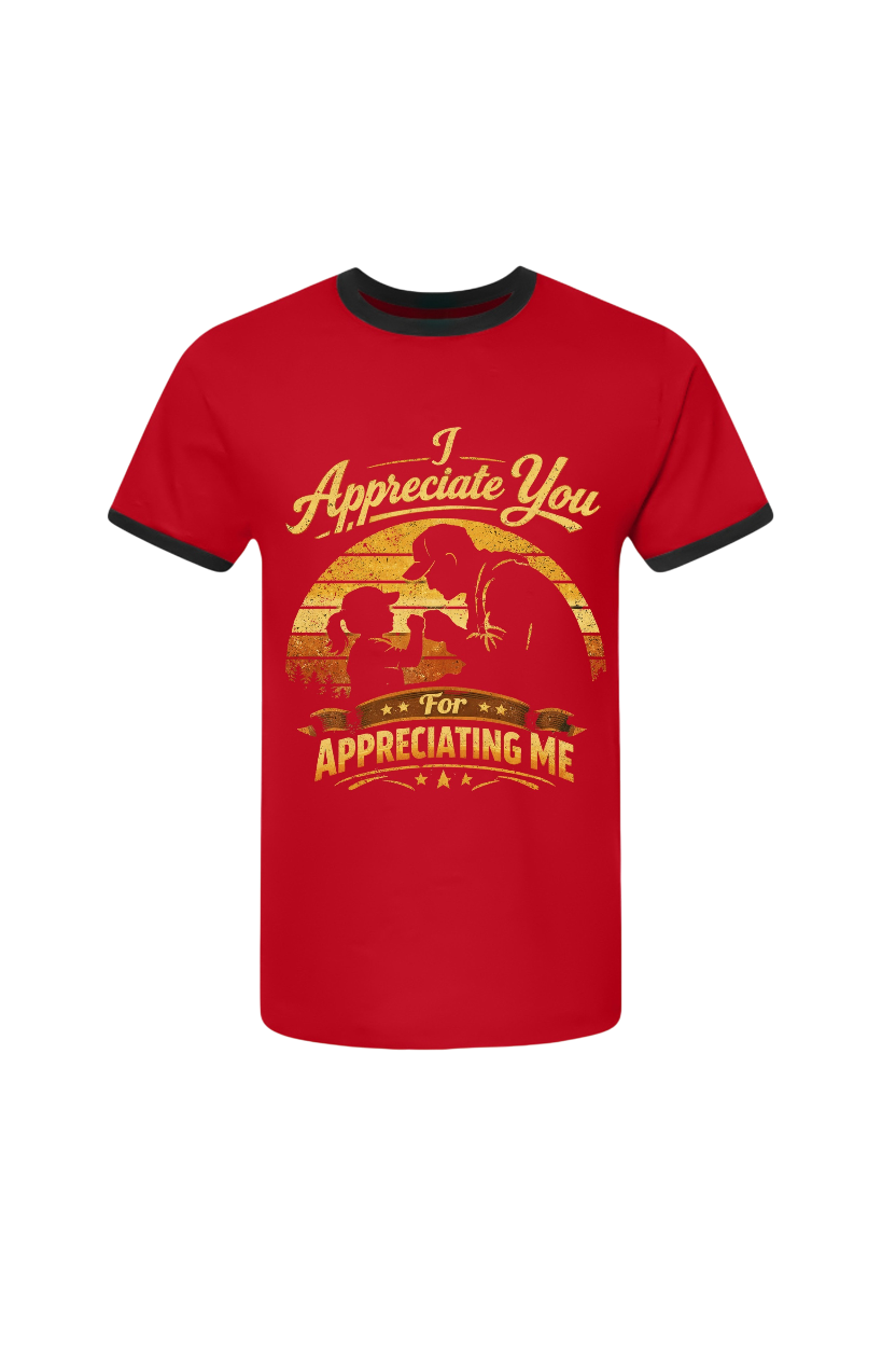 Red t-shirt with graphic design and text on a white background
