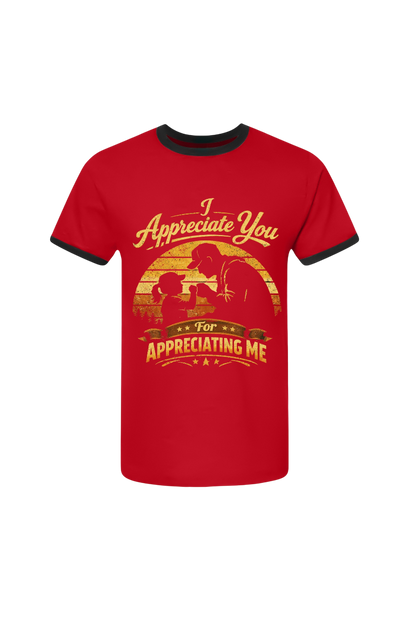 Red t-shirt with graphic design and text on a white background
