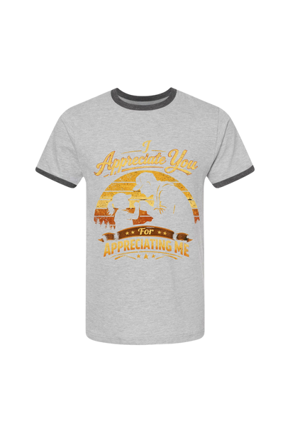 Gray t-shirt with a graphic design and text on a white background