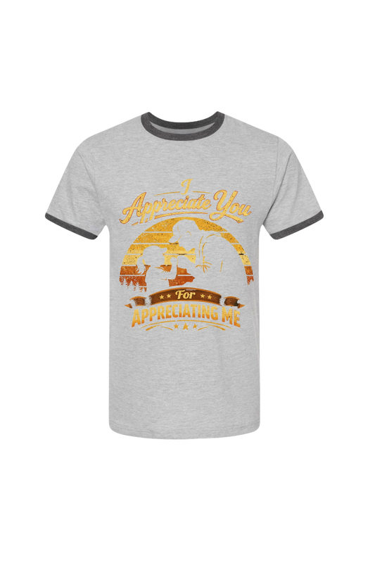 Gray t-shirt with a graphic design and text on a white background
