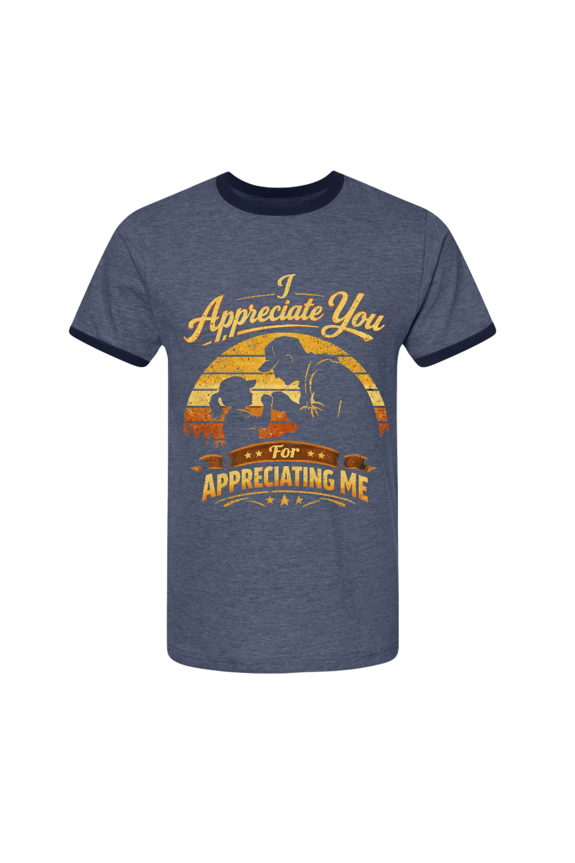 Blue t-shirt with graphic design and text on a white background
