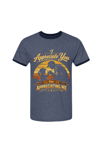 Blue t-shirt with graphic design and text on a white background