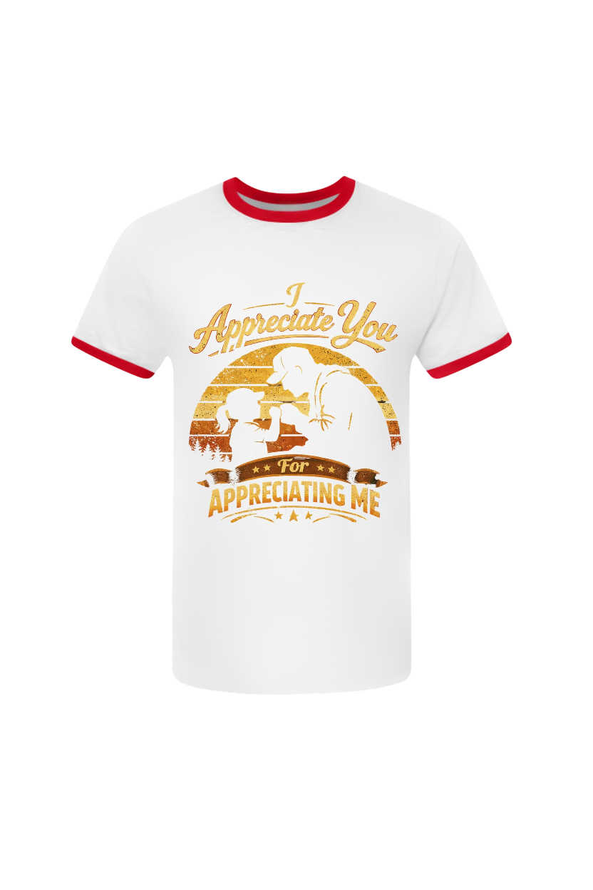 White t-shirt with red trim featuring a graphic and text on a white background
