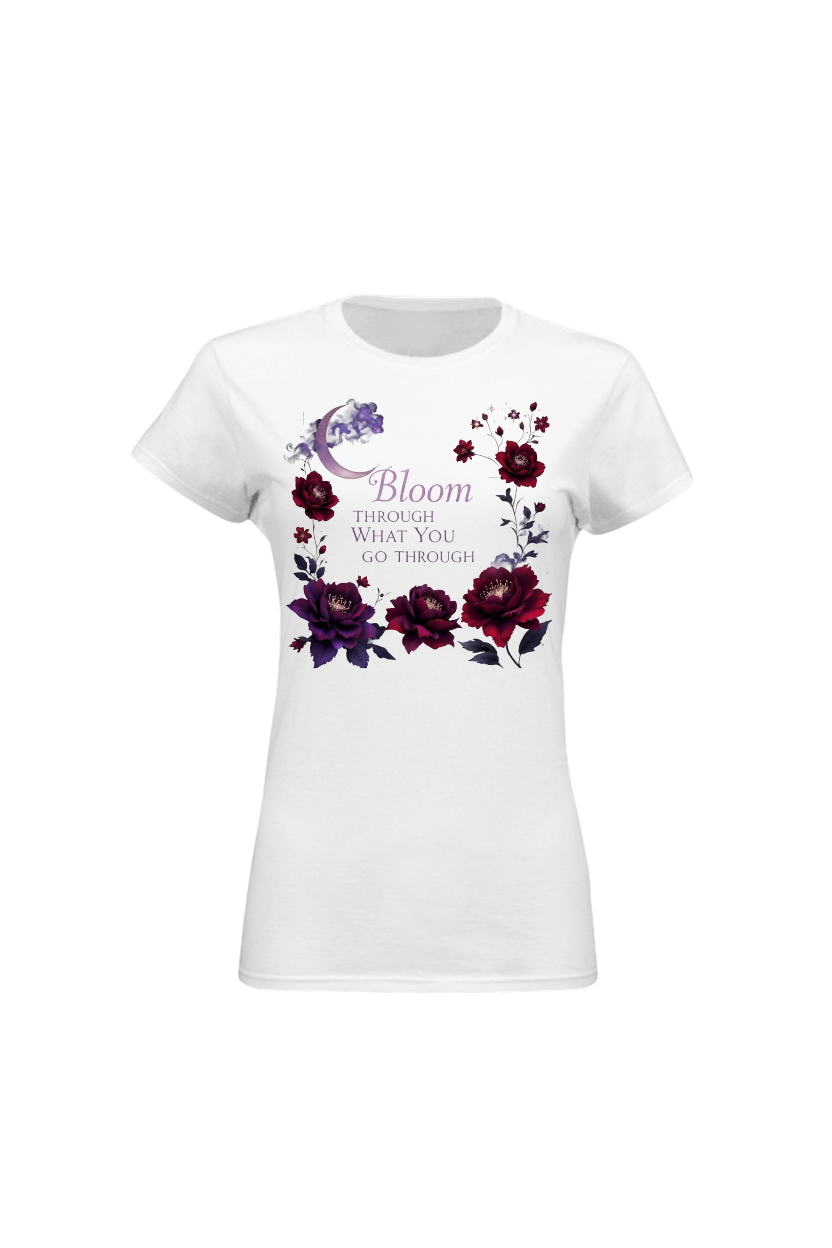 White t-shirt with floral design and text on a white background