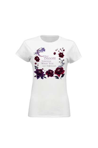 White t-shirt with floral design and text on a white background