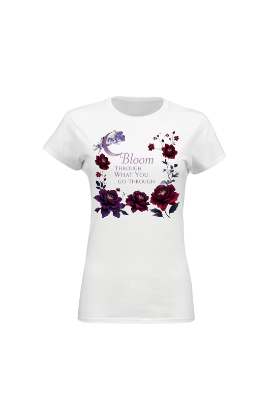 White t-shirt with floral design and text on a white background