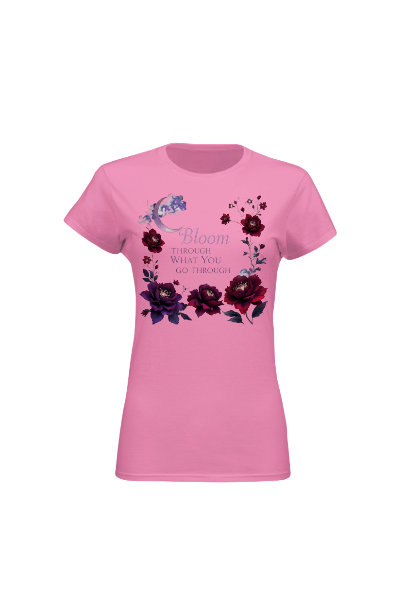 Pink t-shirt with floral design and text on a white background