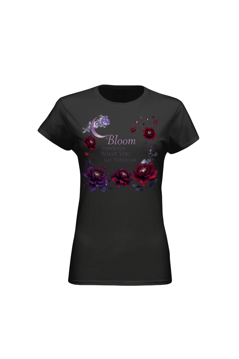 Black t-shirt with floral design and text on a white background