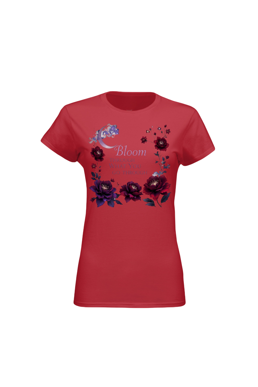 Red t-shirt with floral design and 'Bloom' text on a white background