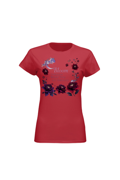 Red t-shirt with floral design and 'Bloom' text on a white background
