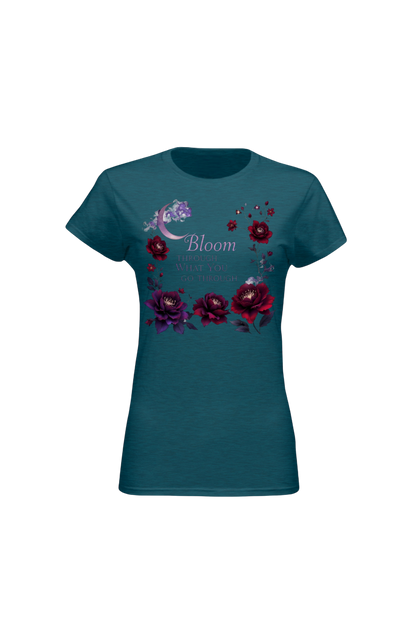 Teal t-shirt with floral design and 'Bloom' text on a white background