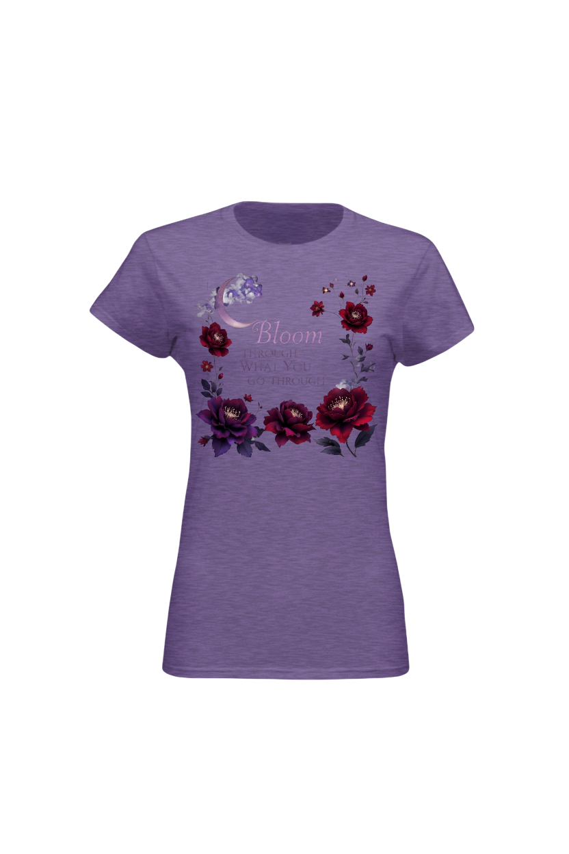 Purple t-shirt with floral design and text on a white background