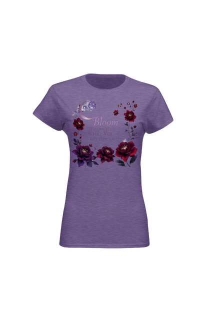 Purple t-shirt with floral design and text on a white background