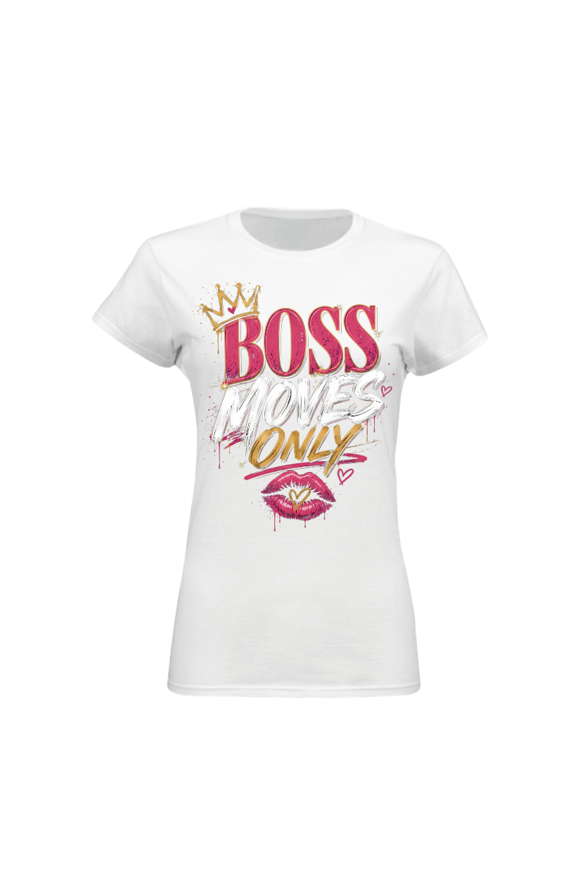 White t-shirt with 'BOSS WOLES ONLY' text and graphics on a white background