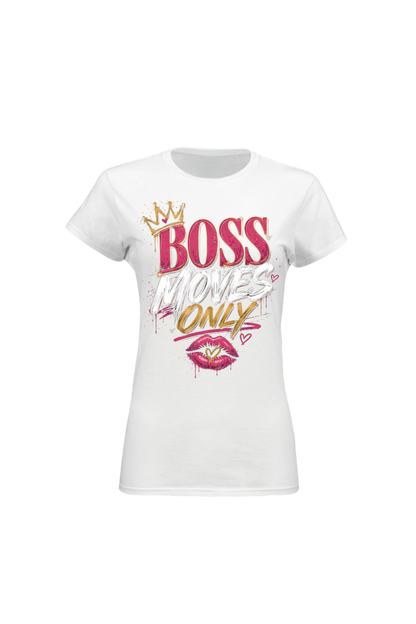 White t-shirt with 'BOSS WOLES ONLY' text and graphics on a white background