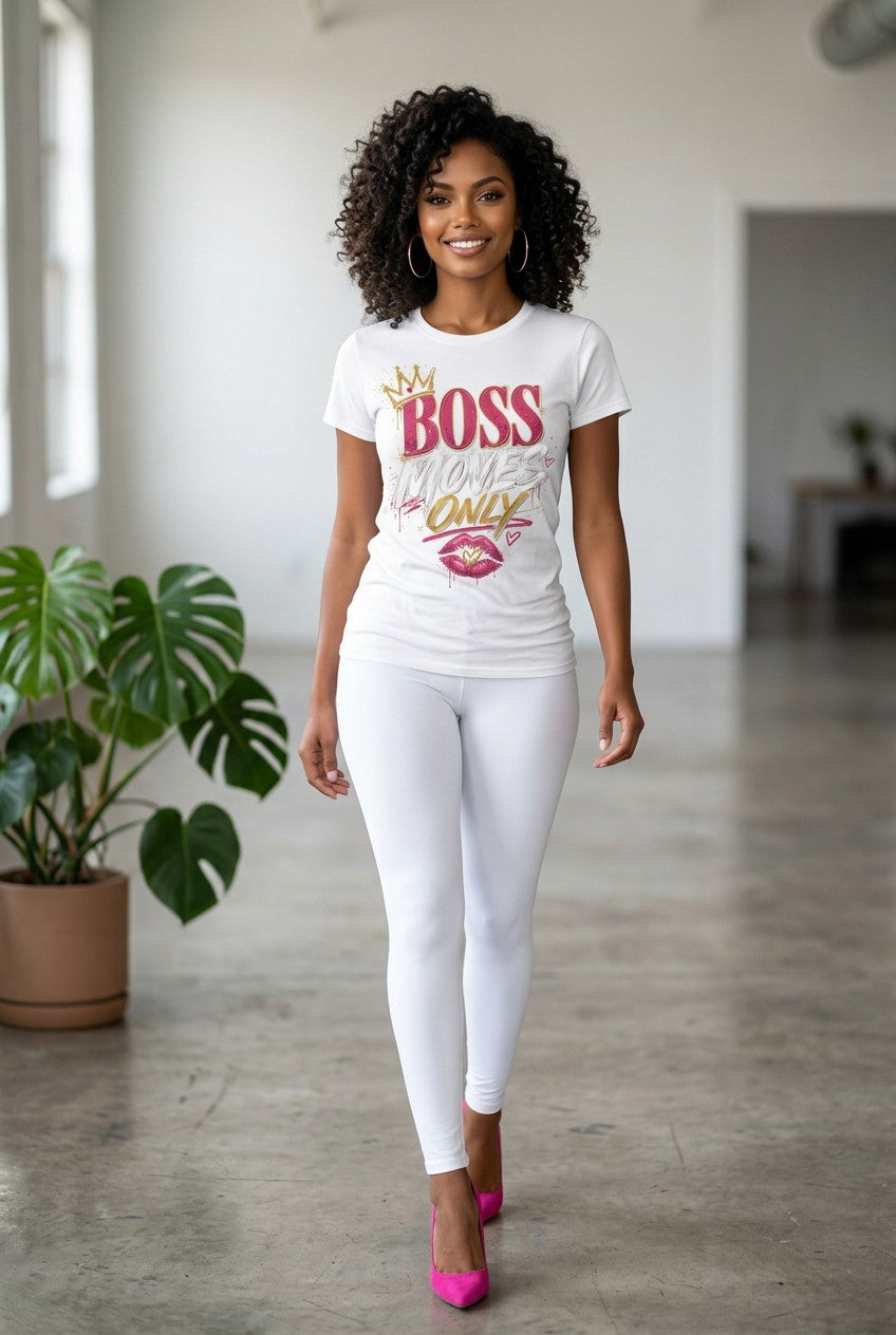 Woman wearing a white t-shirt with 'BOSS' text and white pants in a room with a plant.
