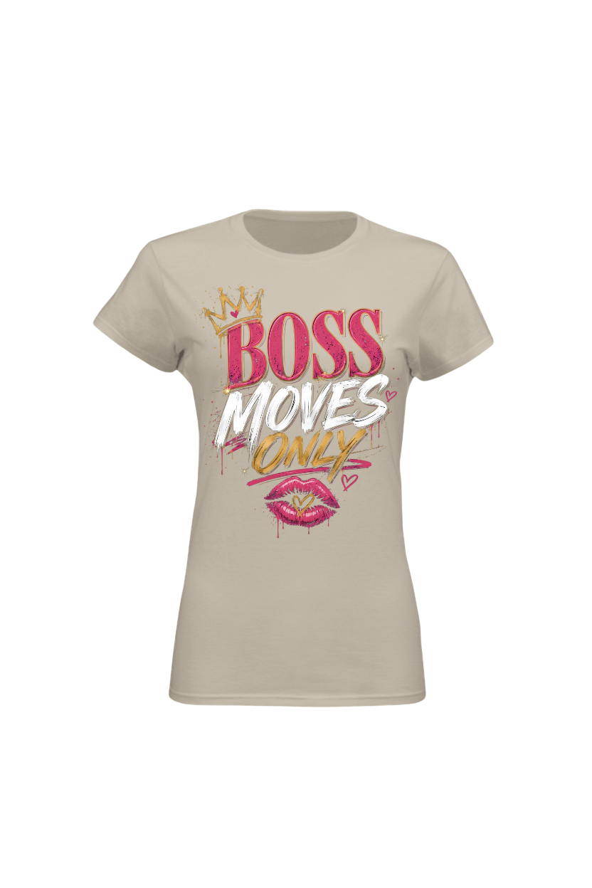 Beige t-shirt with 'BOSS MOVES ONLY' text and graphics on a white background
