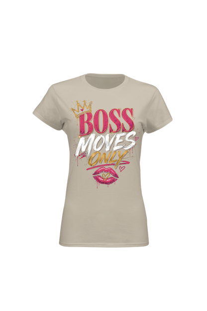Beige t-shirt with 'BOSS MOVES ONLY' text and graphics on a white background
