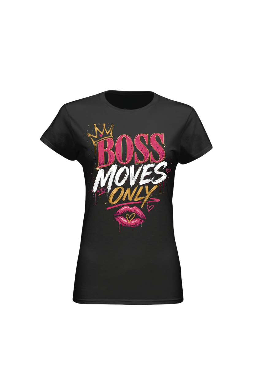 Black t-shirt with 'BOSS MOVES ONLY' text and graphics on a white background