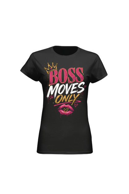 Black t-shirt with 'BOSS MOVES ONLY' text and graphics on a white background