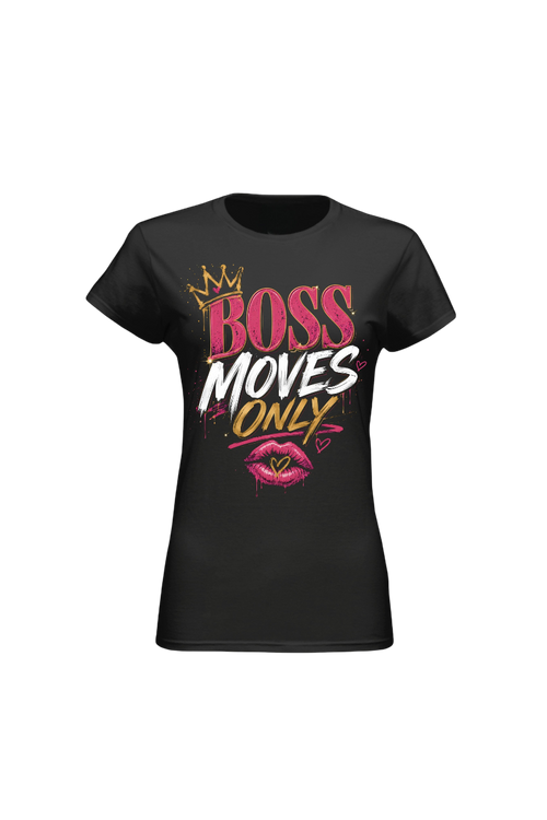 Black t-shirt with 'BOSS MOVES ONLY' text and graphics on a white background