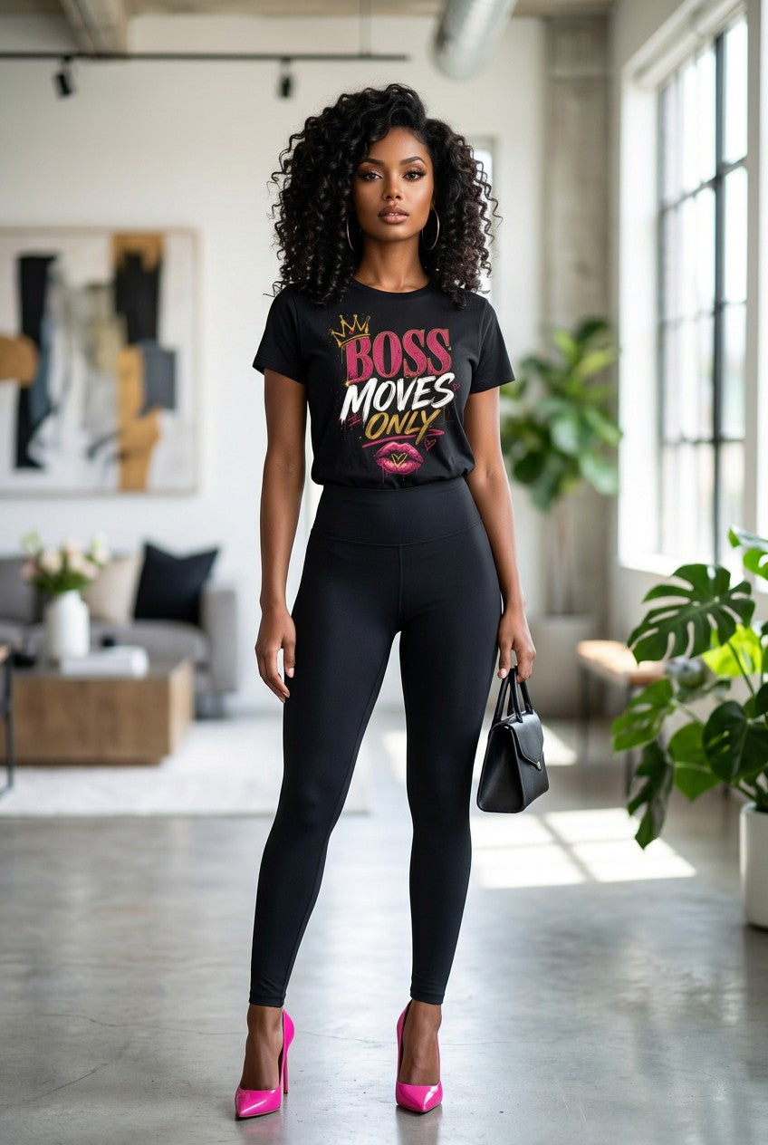 Woman wearing a black t-shirt with text and leggings in a modern indoor setting