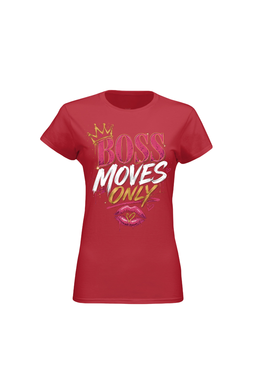 Red t-shirt with 'BOSS MOVES ONLY' text on a white background