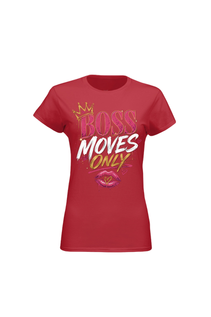 Red t-shirt with 'BOSS MOVES ONLY' text on a white background