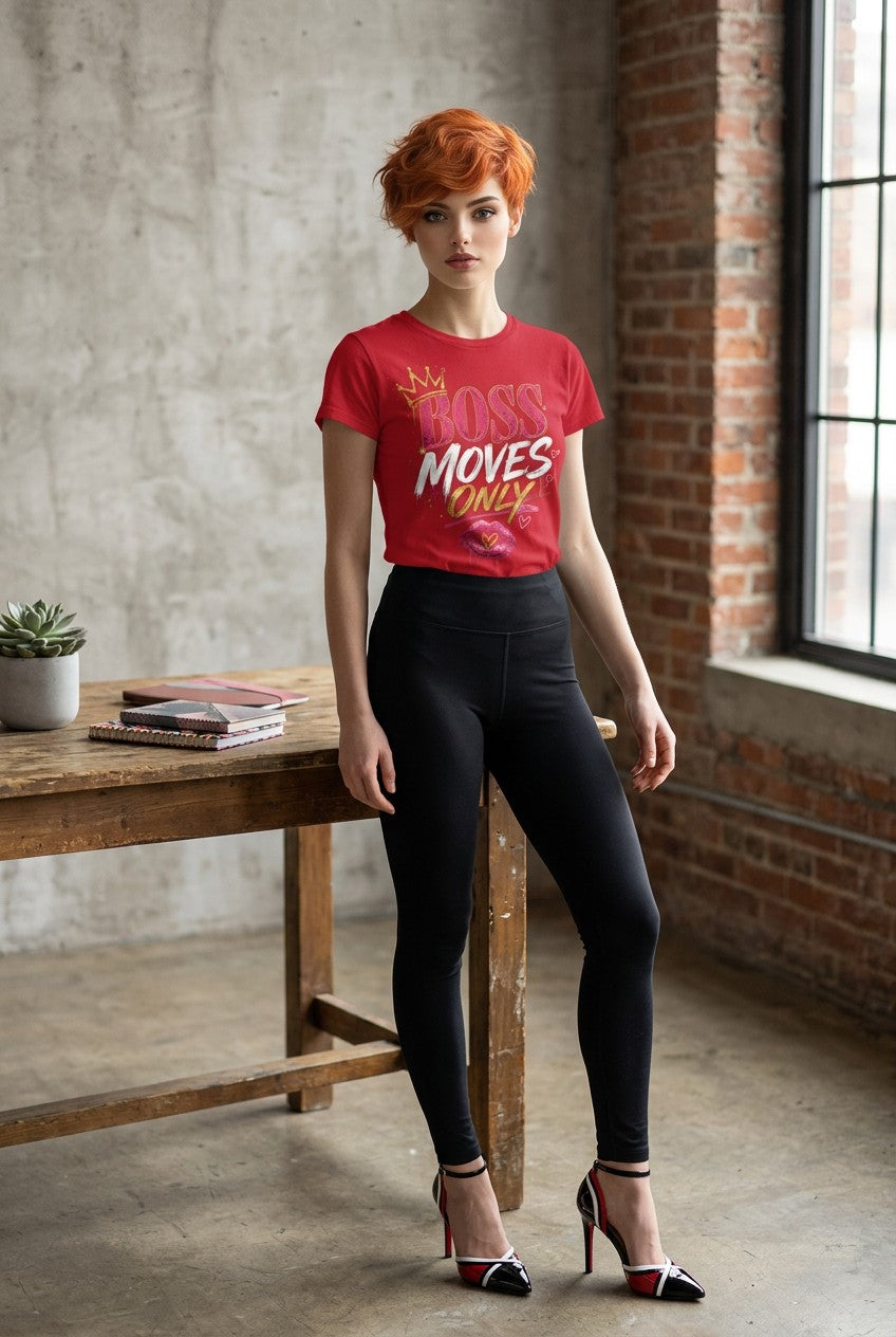 Woman wearing a red t-shirt with text in an industrial-style room.