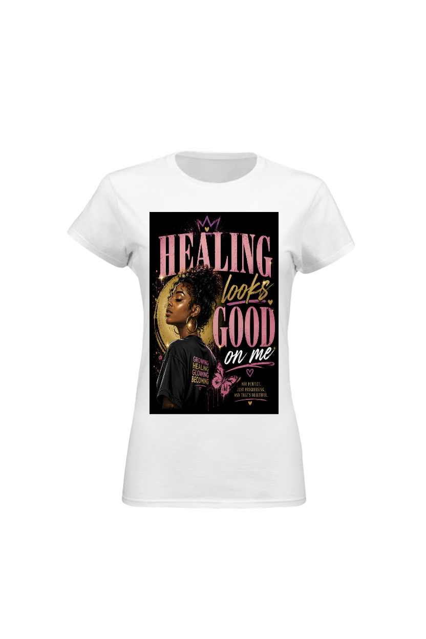 White t-shirt with a graphic design featuring text and an image of a person on a white background