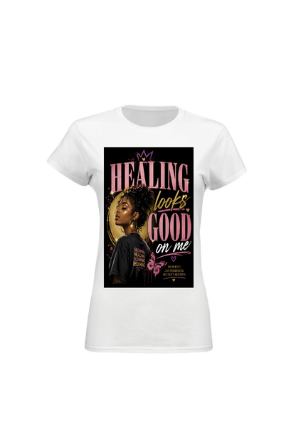 White t-shirt with a graphic design featuring text and an image of a person on a white background