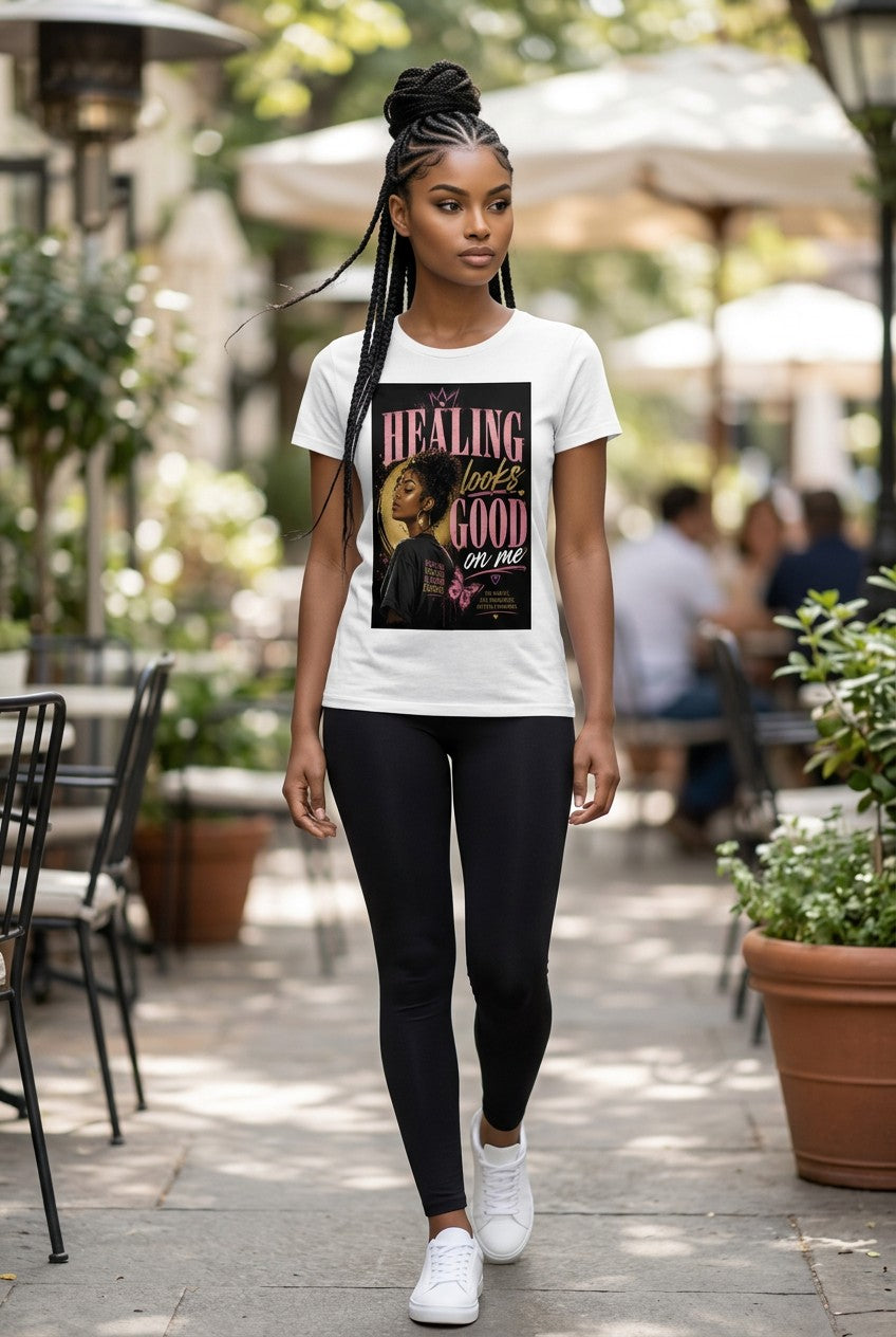 Woman wearing a white t-shirt with a graphic design and text, standing outdoors.