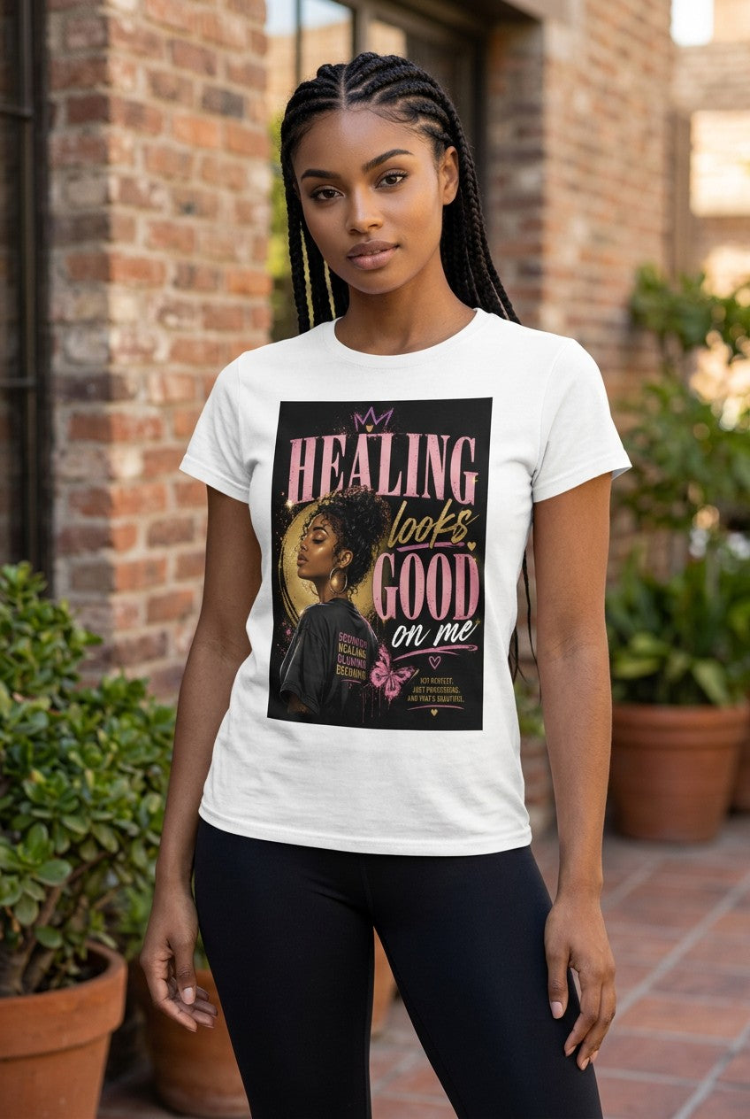 Woman wearing a white t-shirt with a graphic design and text outdoors.