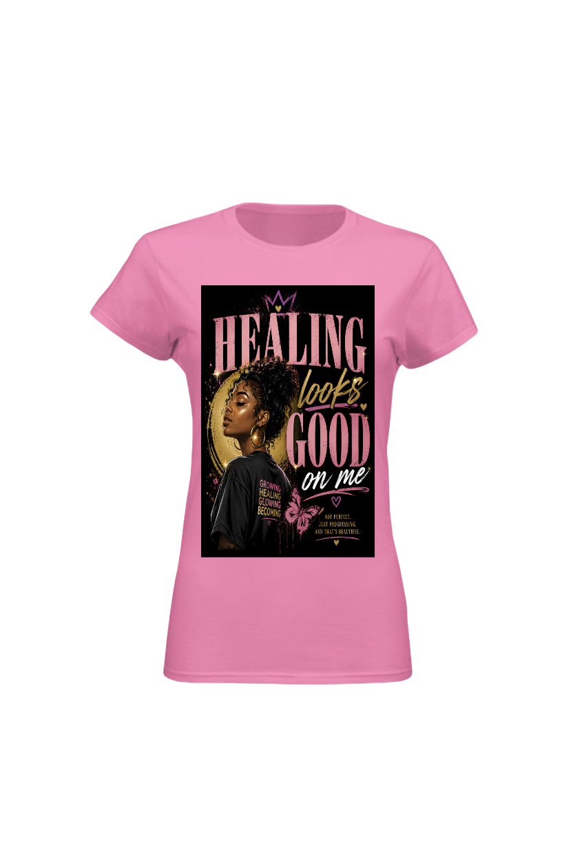 Pink t-shirt with a graphic design featuring text and an image of a person on a white background